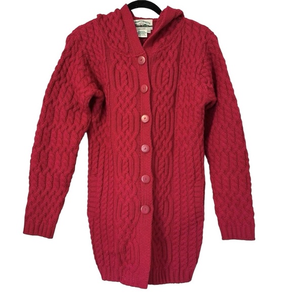 Aran Crafts Merino Wool Fisherman Cable Knit Hooded Button Front Sweater Womens - Picture 6 of 6